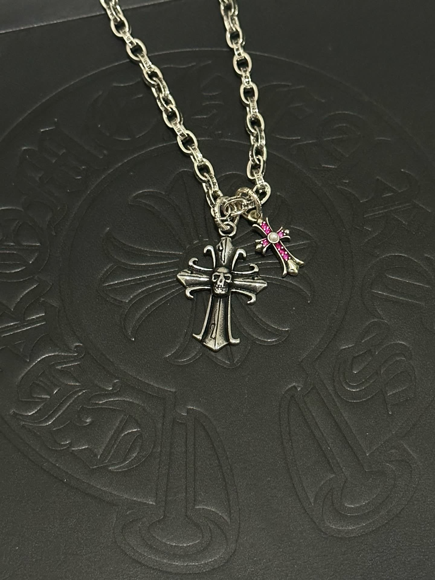 Chrome Hearts Silver Cross Pendant Necklace with Pink Crystal Accents